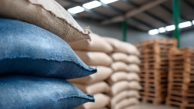364Stacked rice bags in bulk storage warehouse, high-resolution shot showing texture, labels, and organized layout for market logistics