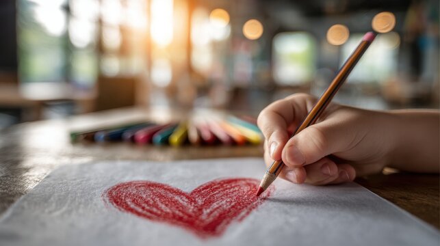Child drawing a red heart on paper during Giving Tuesday classroom activity, representing kindness, empathy and future generosity