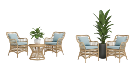 Outdoor wicker furniture set with plants on transparent on transparent background