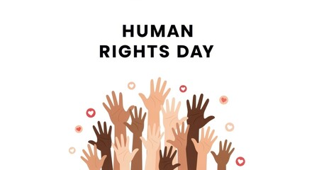 Human Rights Day illustration with diverse raised hands. Concept of equality, unity, and community. Minimal flat vector design with copy space for text