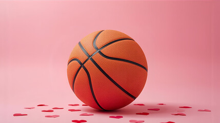 Orange basketball on pink background surrounded by red hearts for valentines day