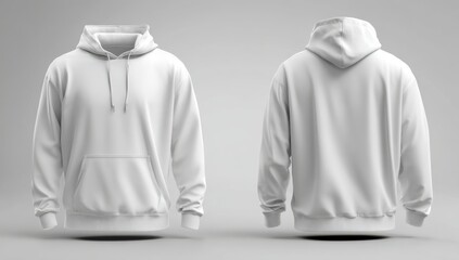 set of white blank hoodie mockup, front and back view isolated on light background with clipping path, 3d rendering