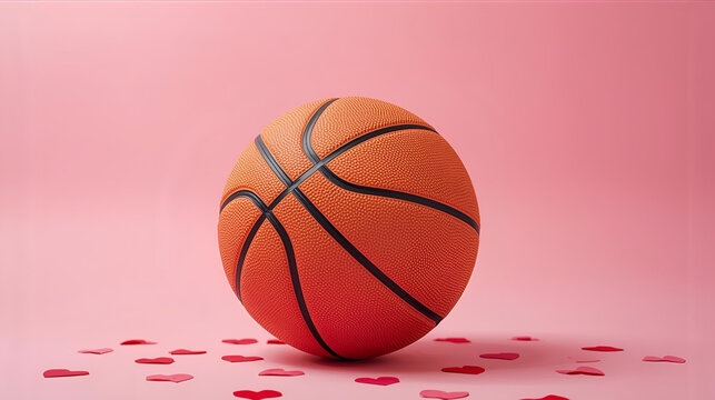 Orange basketball on pink background surrounded by red hearts for valentines day - Powered by Adobe