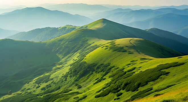 Lush green mountain range under soft morning light