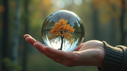 Eine Hand hält eine Glaskugel mit einem Baum darin