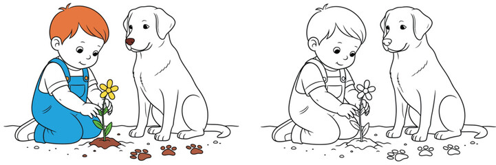 Adorable Boy and Dog Planting a Flower Together - A Heartwarming Scene of Friendship and Nature