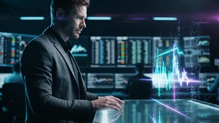man in suit manipulates tablet interface. finance data and analytics appear as hologram above screen. trader examines chart and digital readout. technology interface presents market information. - Powered by Adobe