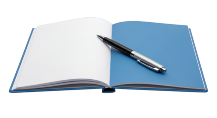 Open notebook and pen for writing or office work concept on transparent background