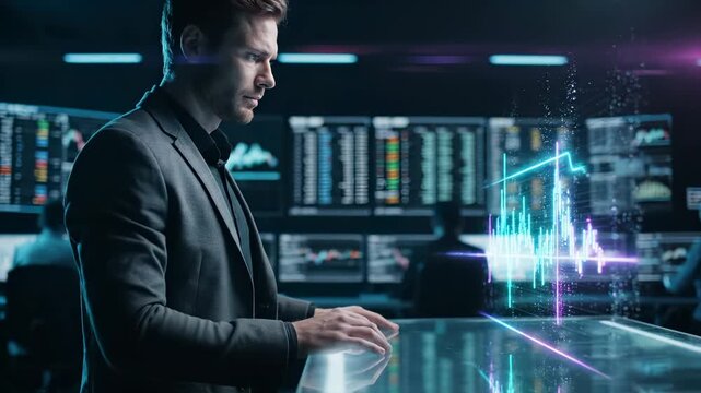 man in suit manipulates tablet interface. finance data and analytics appear as hologram above screen. trader examines chart and digital readout. technology interface presents market information. - Powered by Adobe