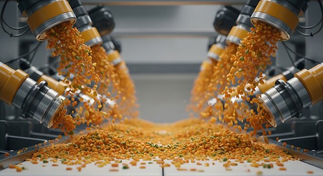 High-tech food production line with robotic machinery dispensing ingredients onto a conveyor system for advanced processing