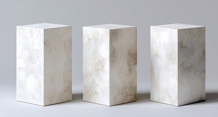 Three marble-textured rectangular prisms set against a soft grey background