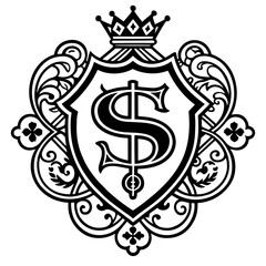 Heraldic shield with crown and dollar sign