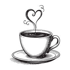 Heart Steam Coffee Cup Black and White Art