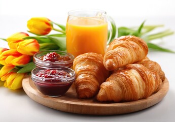 A wooden tray features croissants, juice, preserves, and tulips, presenting a lovely breakfast
