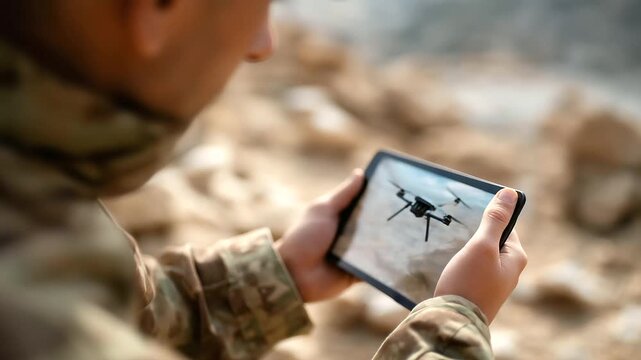 Soldier using tablet controlling military defocused drone, faceless combat operation, tactical visualization detail, blurred zone background, battlefield technology concept, contro