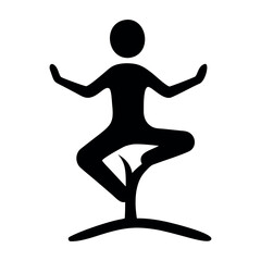 Silhouette of a person in tree yoga pose, deep black, calm, minimal vector illustration.