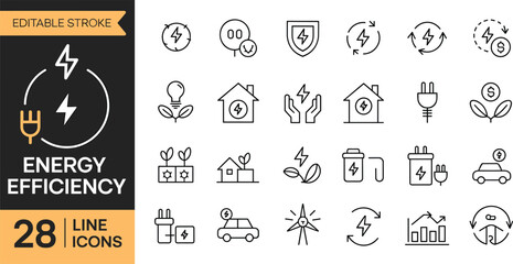 Energy efficiency line icons set, renewable energy outline symbols, eco power conservation pack, sustainable electricity vector, editable stroke, minimal design © Hello World