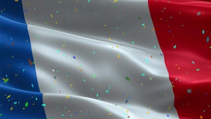 Vibrant French flag waving with festive confetti.
