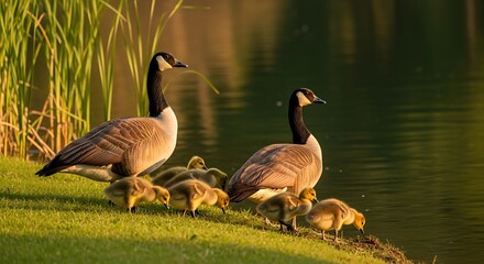 Canada Geese Family by the Lake - A Peaceful Wildlife Scene.