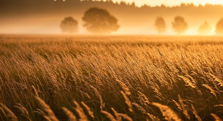 Golden sunrise over a misty wheat field