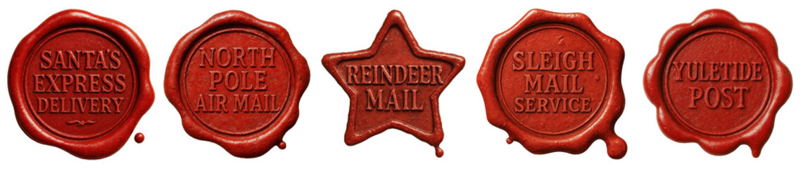 Set of red wax seals for Santa mail featuring North Pole air mail, sleigh service, reindeer delivery and yuletide post