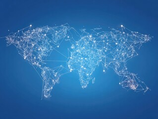 Luminous dot-and-line network overlay on a world map, blue background