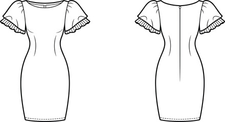 Elegant women’s fitted dress technical flat sketch, short ruffle puff sleeves, back zipper, fashion design template, bodycon silhouette apparel illustration