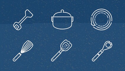 Collection of white outline kitchen utensils and cooking pot on a textured dark blue background