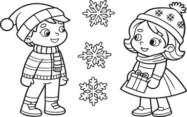 Cartoon illustration of a smiling couple, a girl and boy in winter clothes, playing together with fun and happiness