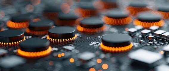 Abstract circuit board closeup with glowing orange lights and dark components