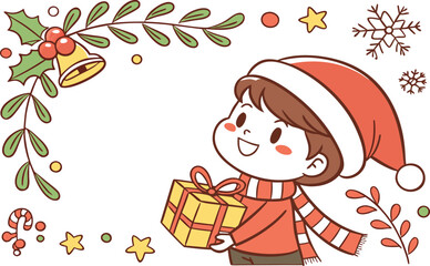 Cartoon illustration of a little girl with a Christmas gift box celebrating the winter holiday