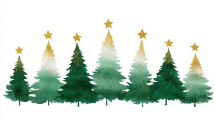 watercolor christmas tree row, with green and gold colors on a white background. gold stars adorn the tops of the trees