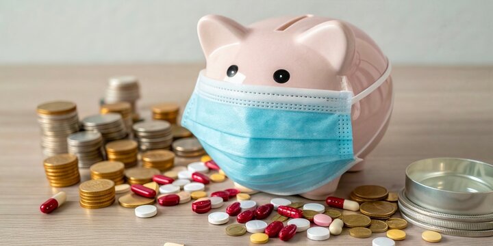 A piggy bank wearing a medical mask, surrounded by coins and pills, symbolizing the financial impact of healthcare costs and the importance of saving during health crises.