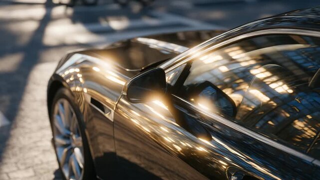 399Hyper-detailed close-up of parked car under strong sunlight, reflections on windows and body, asphalt texture and lot surroundings clearly visible