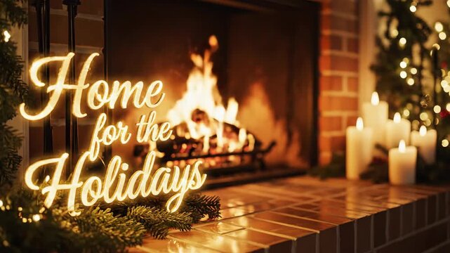 Home for the holidays neon sign glowing by a fireplace. Christmas decor with festive candles and blurred tree lights. Cozy winter celebration. - Powered by Adobe