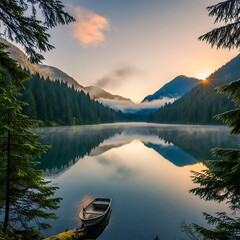 Serene Lake Reflection at Dawn - A Tranquil Mountain Escape.
