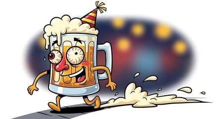 Cartoon Beer Mug Character Celebrating with Party Hat and Foam.