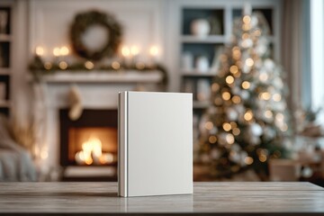 white blank book cover mockup on a table with a christmas tree and fireplace in the background