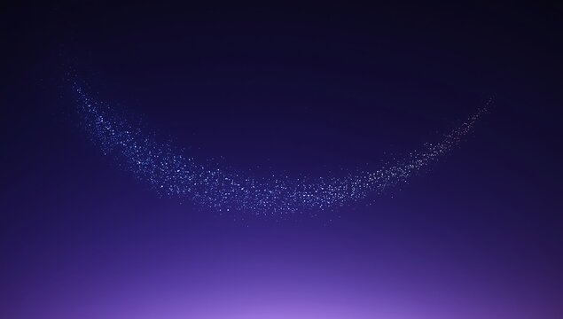 Abstract crescent moon shape formed by sparkling blue particles on a deep purple gradient background