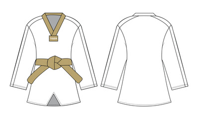 Karate dress front and back view flat sketch vector mockup template technical illustration.
