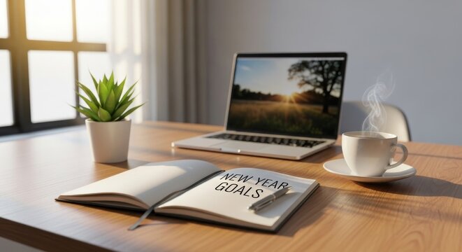 Workspace with laptop notebook coffee cup and plant for goals planning