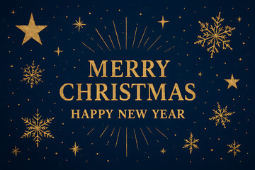Naklejka premium Elegant Merry Christmas and Happy New Year greeting card banner design with luxury gold text, stars, and winter snowflakes on a dark blue background. Festive holiday season invitation, wallpaper
