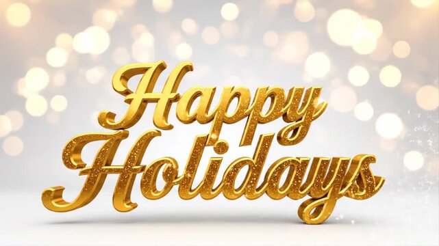 Golden happy holidays 3d text with glitter particles animation. Festive season greeting motion graphics for celebration and wishes.