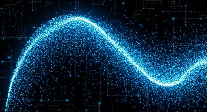 Glowing Wave with Futuristic Network - An abstract, blue wave consisting of glowing dots conveys transformation, future innovation, data flow, networked systems, and cutting-edge technology