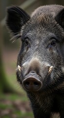 Close-up of a Wild Boar with Prominent Tusks in Forest.