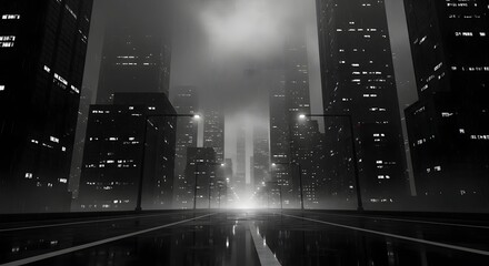 A dark, foggy, and rainy cityscape at night with glowing lights reflecting on the wet street.