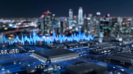 408Advanced AI processor embedded on circuit board, neon-lit pathways, fast-moving data streams, abstract digital energy trading visualization in holographic display - Powered by Adobe