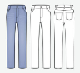 Slim fit jeans pant front and back view design technical flat sketch vector mockup template.
