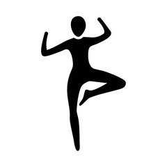 Silhouette of a person in tree yoga pose, deep black, calm, minimal vector illustration.