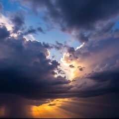 Dramatic Sky with Sun Rays Breaking Through Storm Clouds.